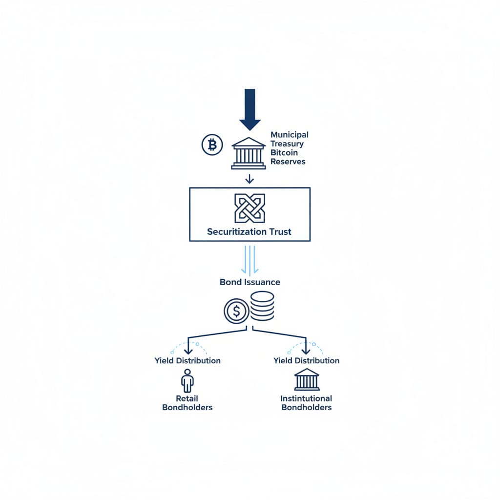 A step-by-step flowchart showing Bitcoin moving from BitGo custody into a securitization trust, issuing $100M in bonds, and distributing yield to investors.