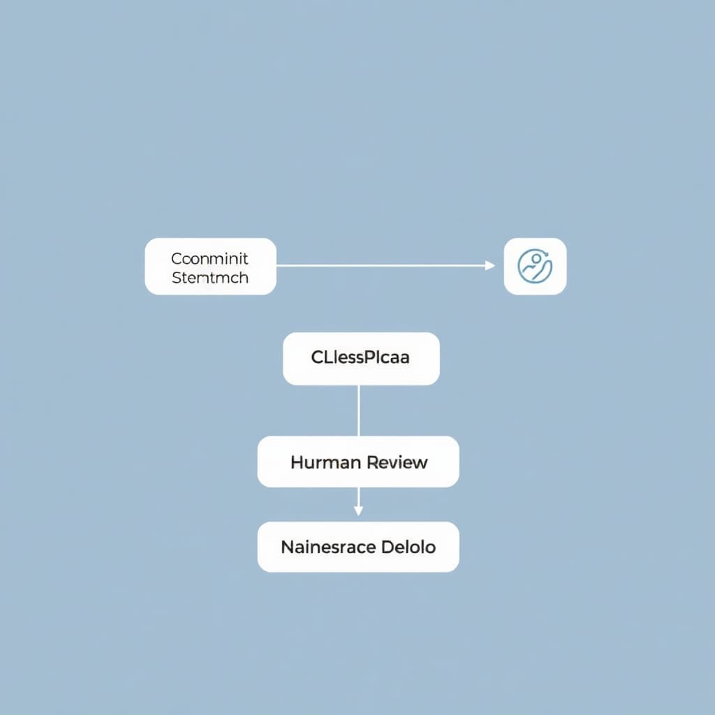 A flowchart showing a CI/CD pipeline. Code Commit