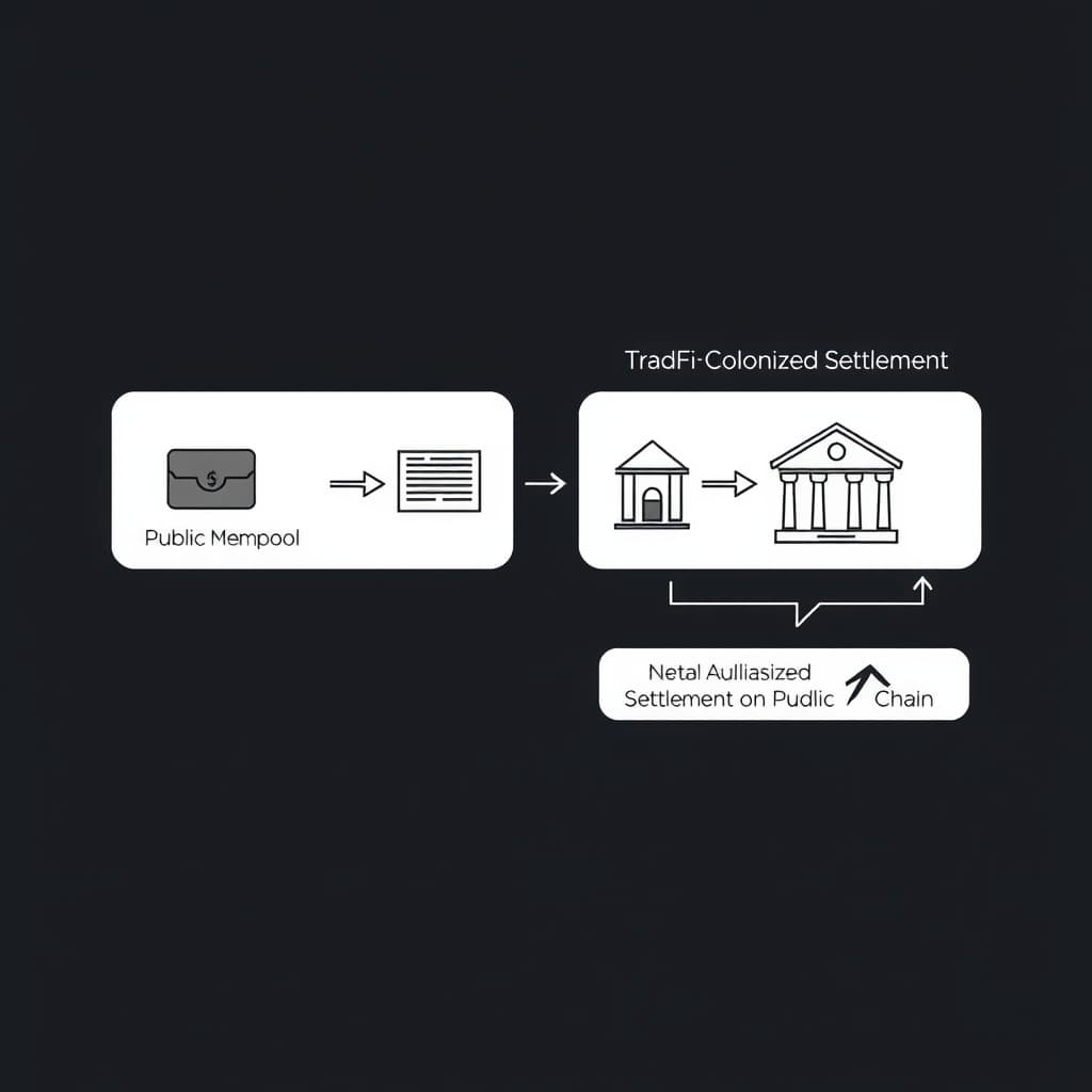 Flowchart contrasting public blockchain settlement vs bank-controlled settlement