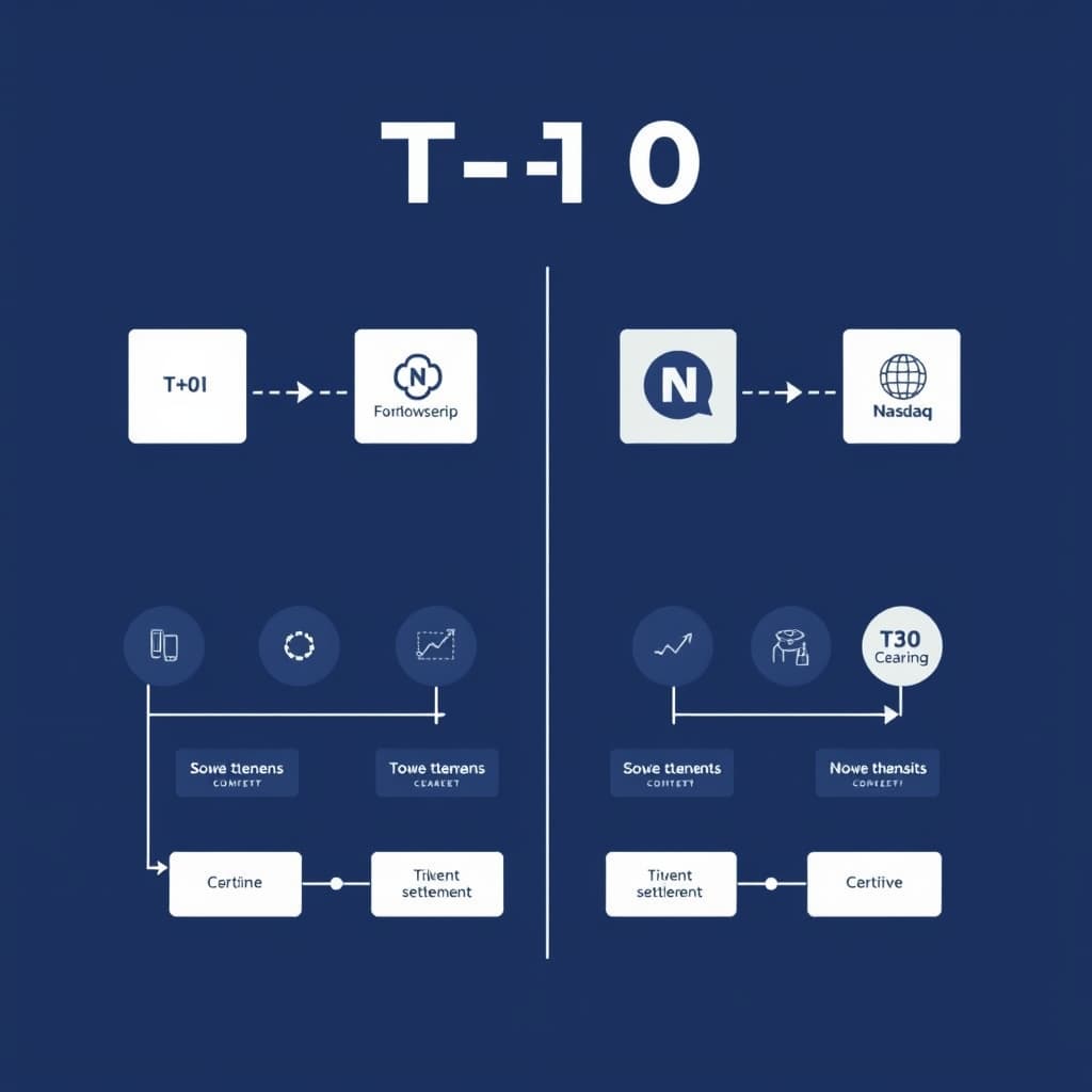 Process diagram of T+1 versus T+0 tokenized settlement
