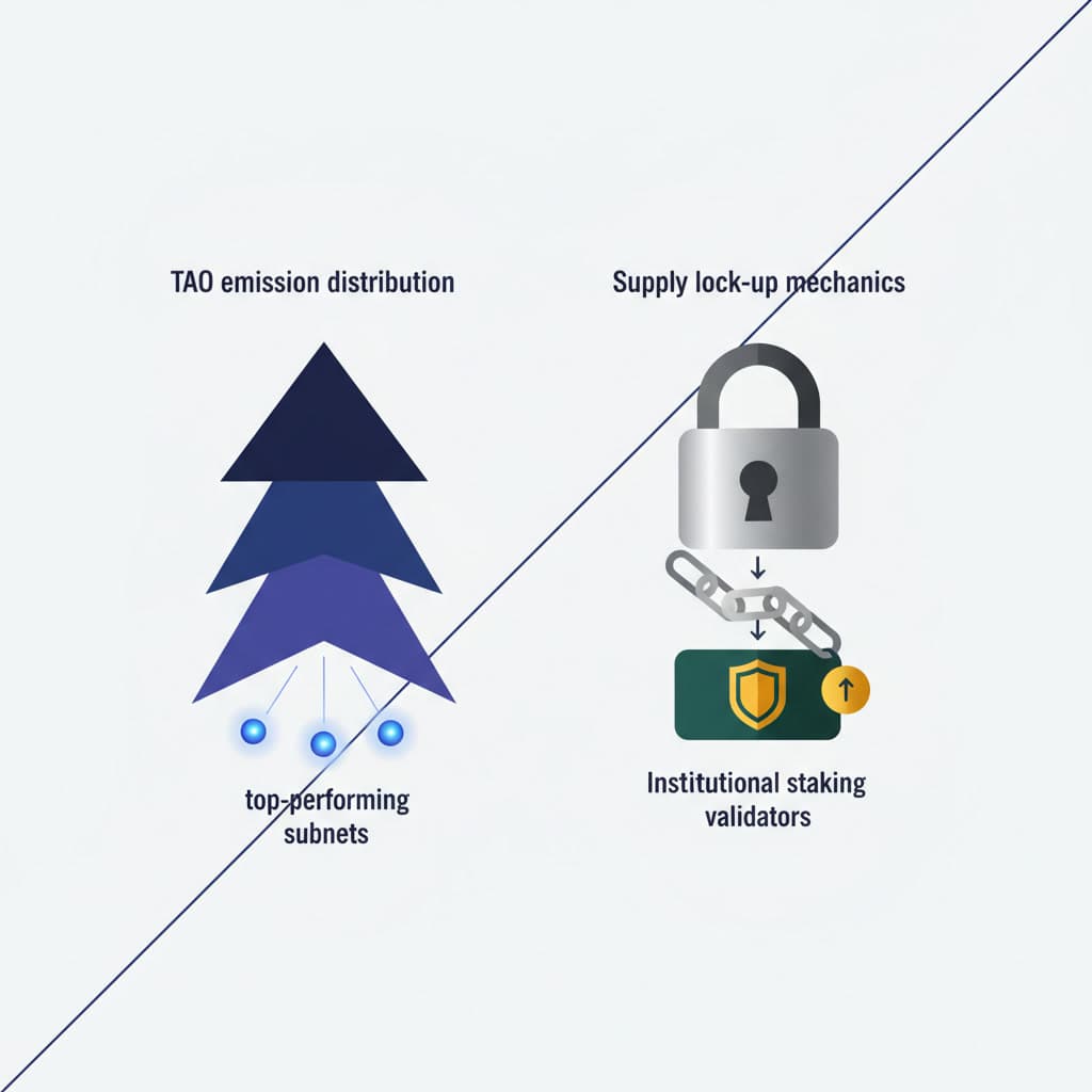 TAO Emission Distribution and Institutional Supply Lock-up Flow Diagram