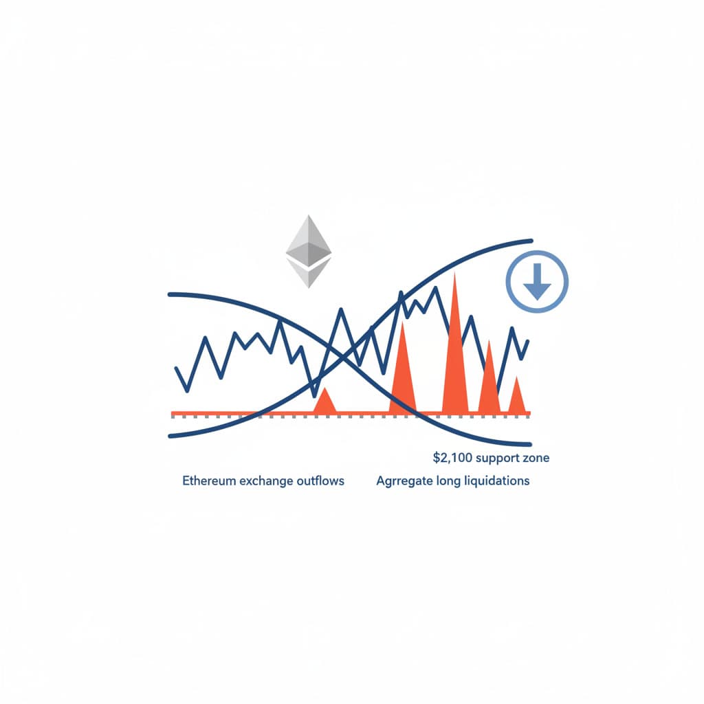 Dual-axis chart comparing ETH whale exchange outflows and long liquidations