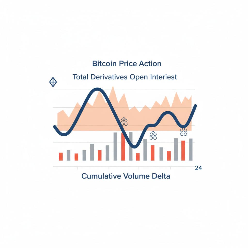 Bitcoin 24-hour price action versus Open Interest and CVD