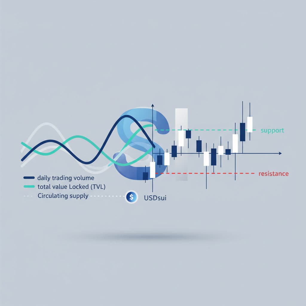 Multi-axis chart of SUI volume, TVL, USDsui supply, and price levels