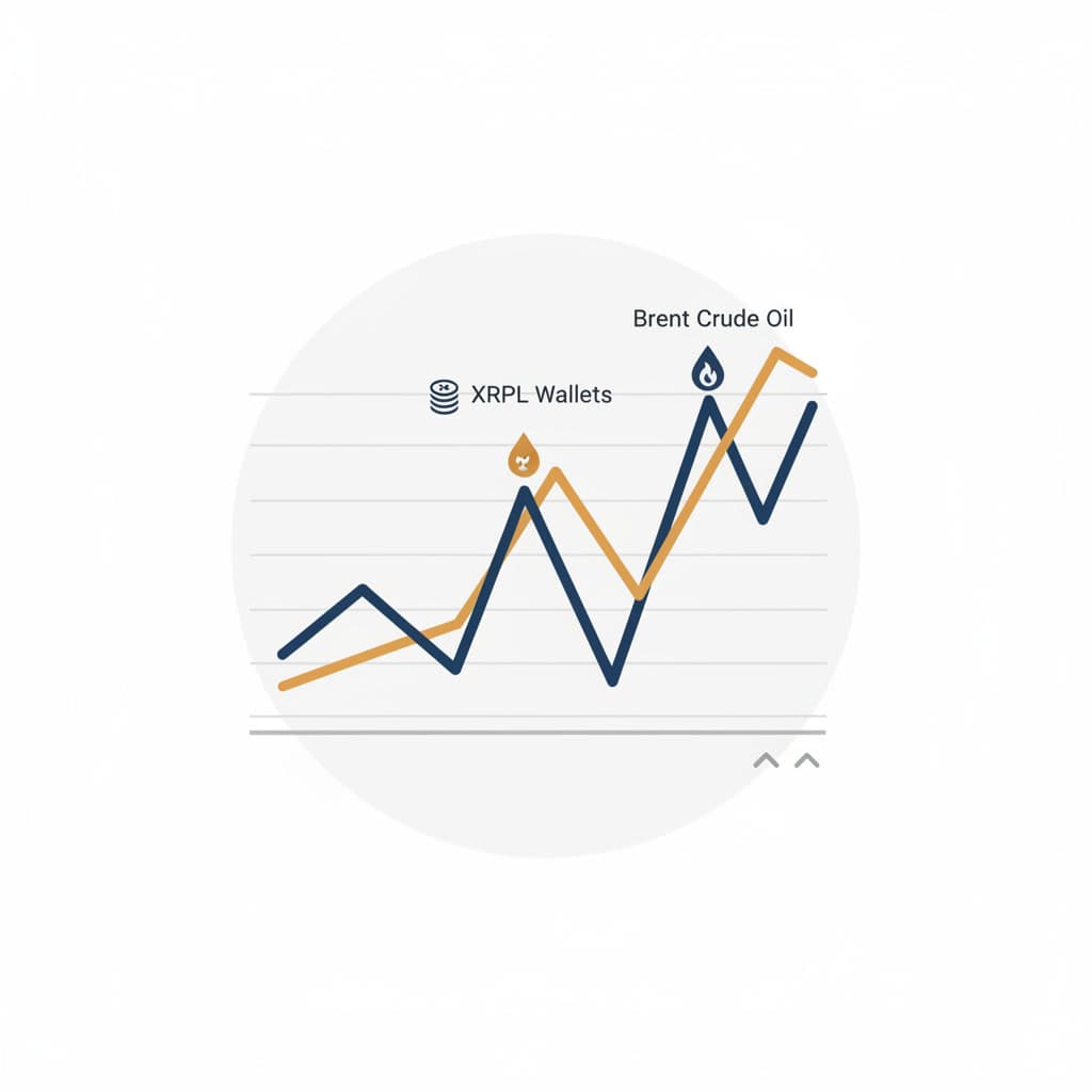 Line chart showing XRPL large-tier wallet accumulation diverging from Brent crude oil price spikes over the past 90 days