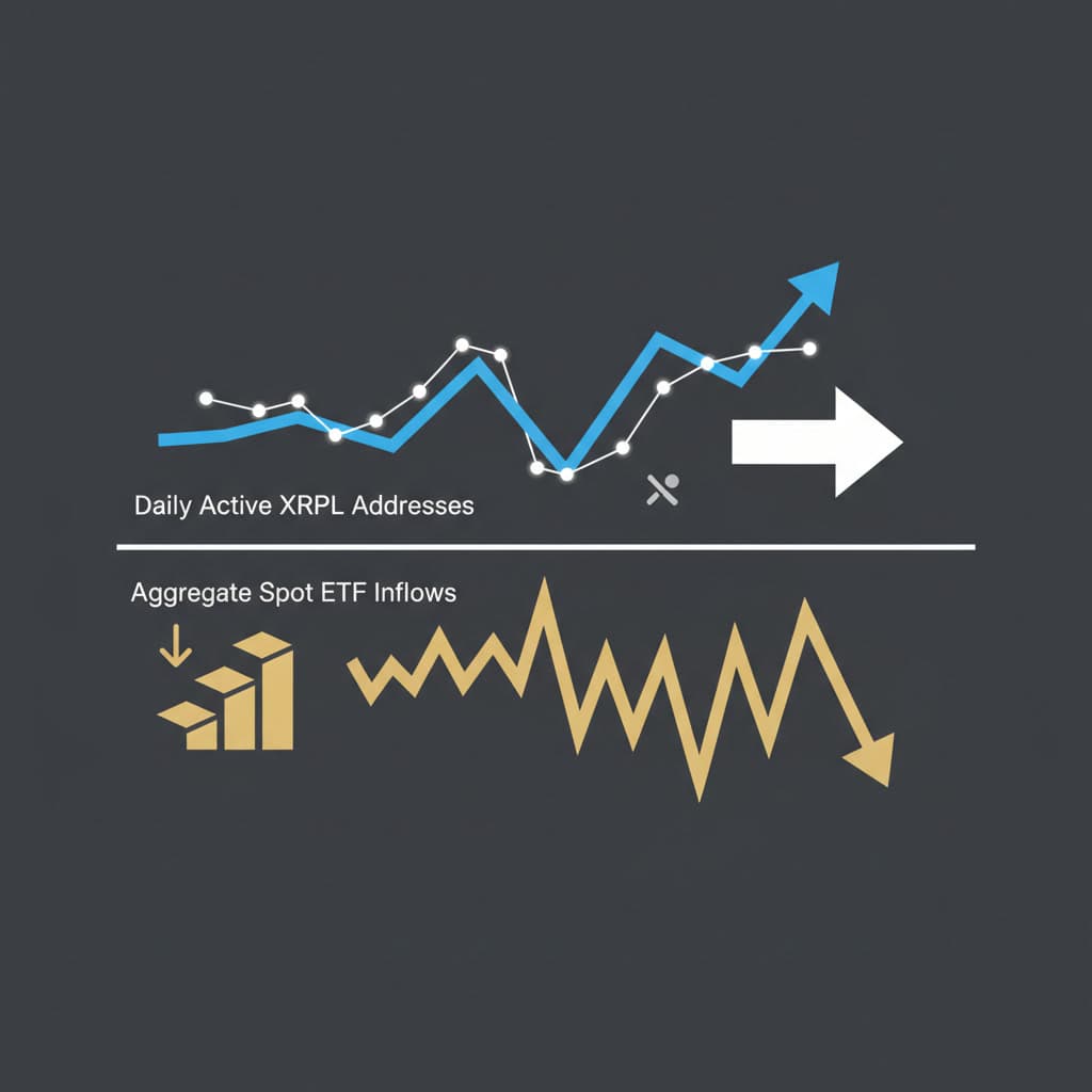 Split-axis chart of XRPL active addresses versus spot ETF capital inflows