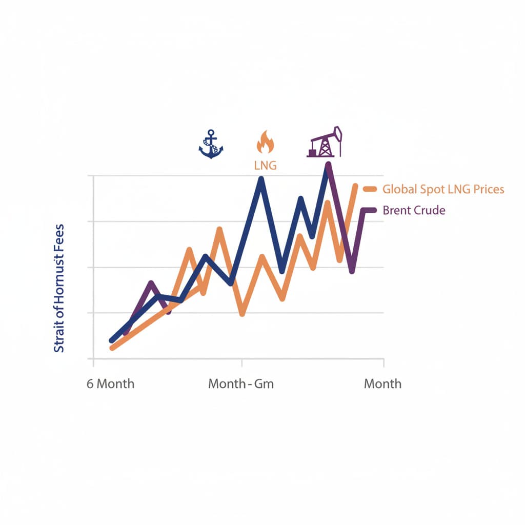 Dual-axis chart showing Hormuz transit fee escalation versus Brent crude and spot LNG prices from October 2025 to March 2026
