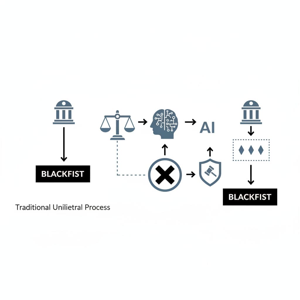 Flowchart of traditional vs judicially mediated AI blacklisting