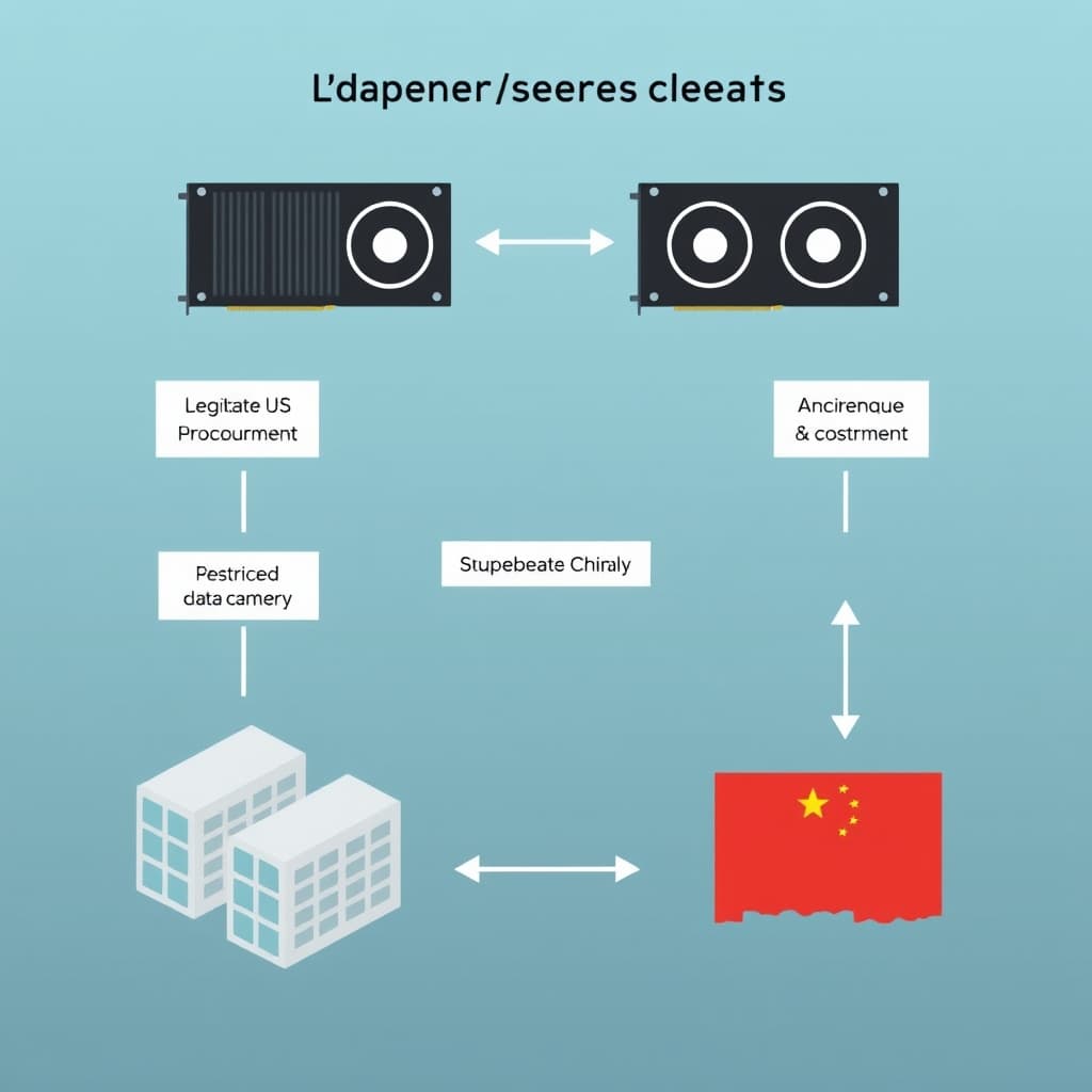 Flowchart showing US procurement, export to Southeast Asian shell companies, repackaging, and final delivery to restricted Chinese data centers