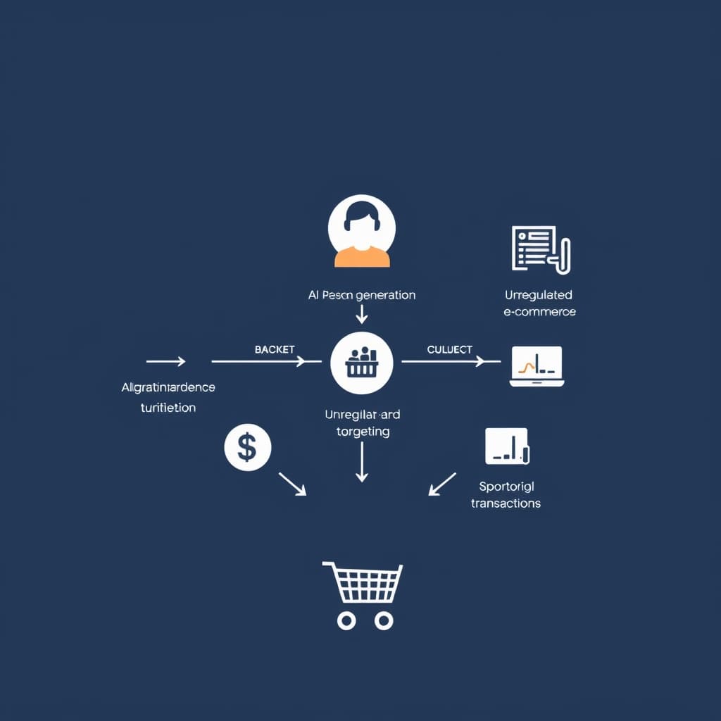 Flowchart showing AI avatar creation, algorithmic targeting, and unregulated e-commerce checkout